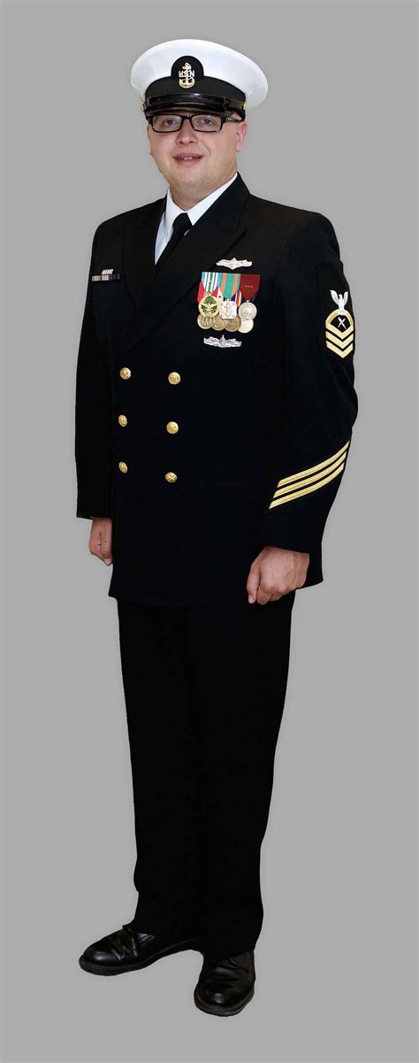 navy dress blues with medals.